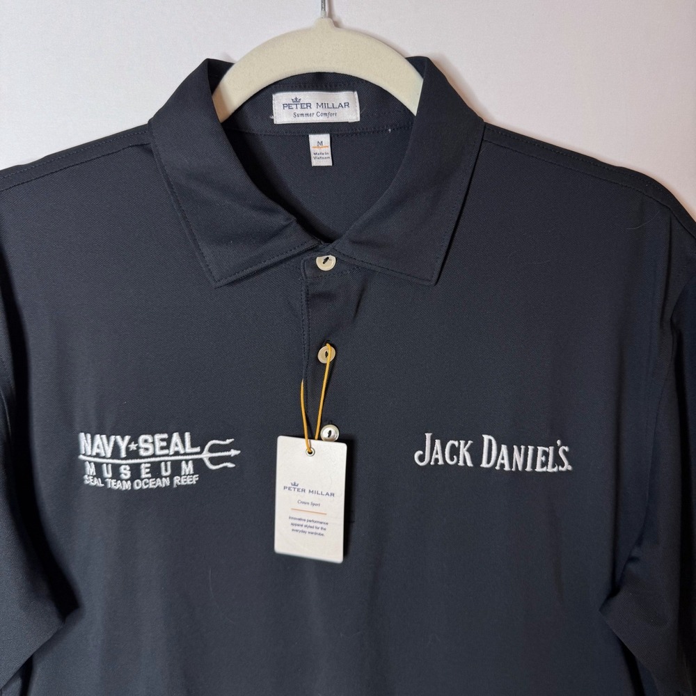 New Peter Millar Polo M Navy SEAL Museum Jack Daniels Black Performance Golf